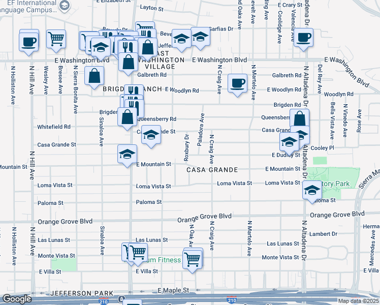 map of restaurants, bars, coffee shops, grocery stores, and more near 960 Roxbury Drive in Pasadena