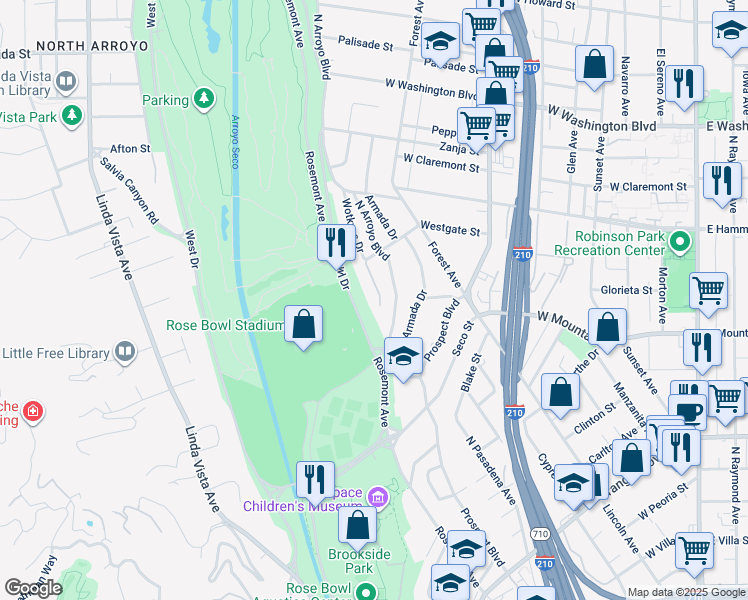 map of restaurants, bars, coffee shops, grocery stores, and more near 3 Richland Place in Pasadena