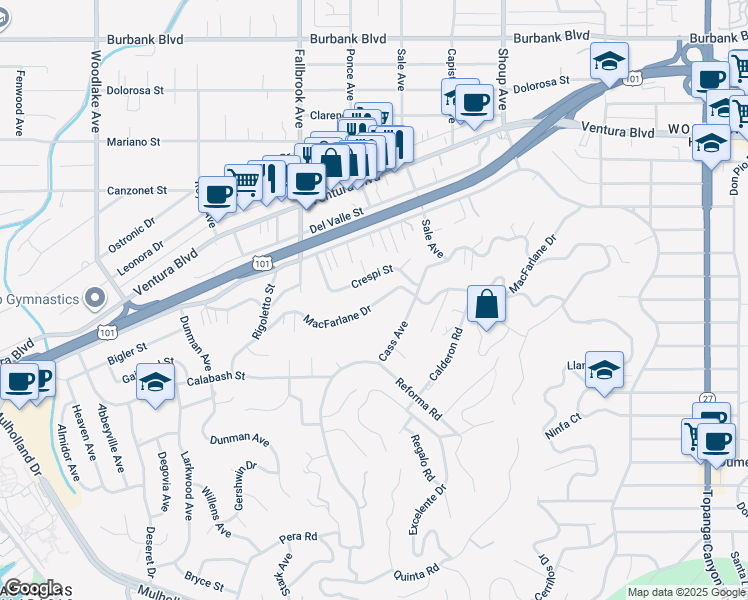 map of restaurants, bars, coffee shops, grocery stores, and more near 22661 Macfarlane Drive in Los Angeles