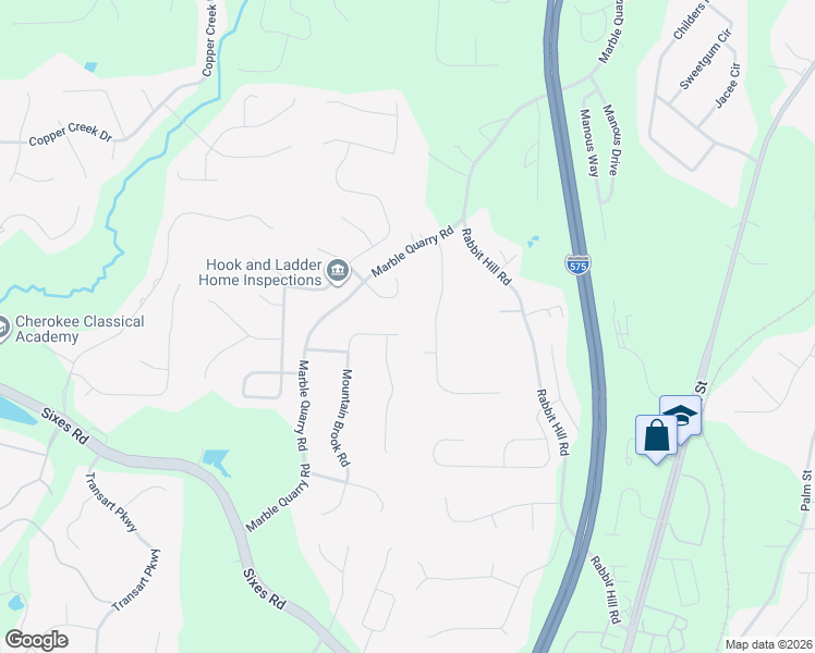 map of restaurants, bars, coffee shops, grocery stores, and more near 2550 Mountain Brook Road in Canton