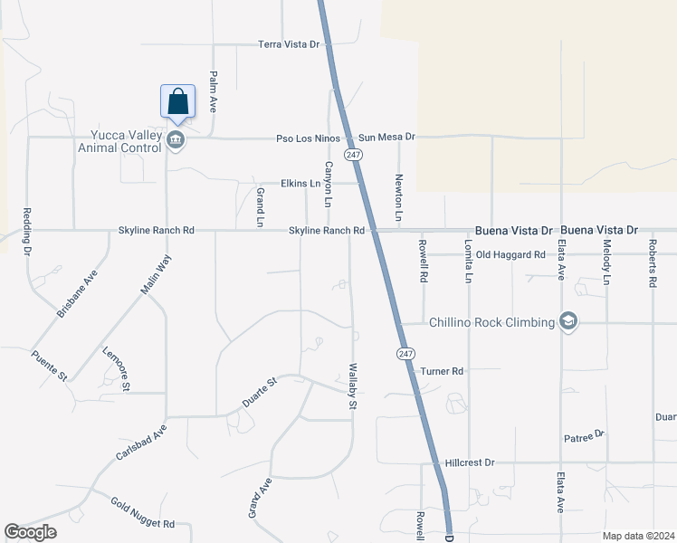 map of restaurants, bars, coffee shops, grocery stores, and more near Wallaby Street in Yucca Valley