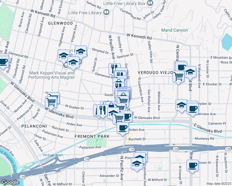 map of restaurants, bars, coffee shops, grocery stores, and more near in Glendale