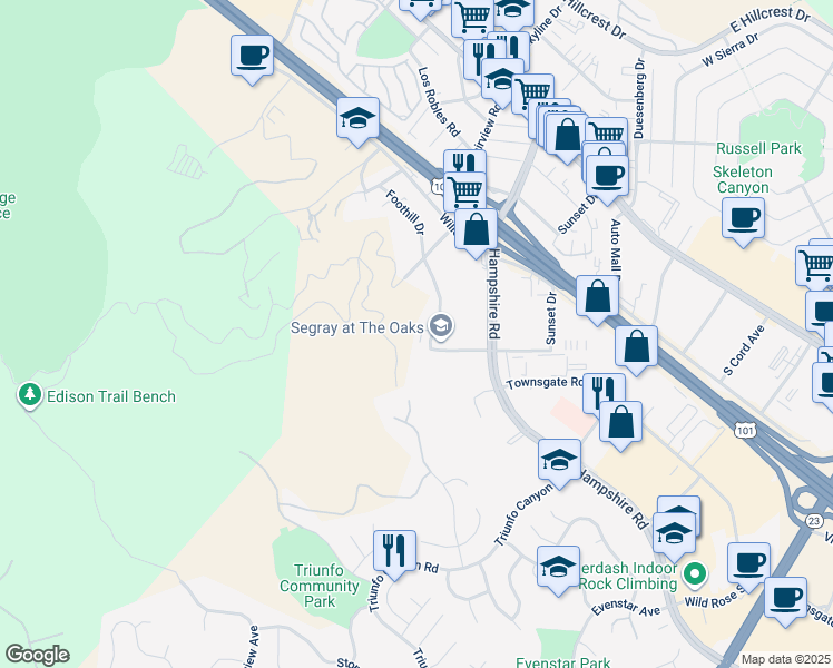 map of restaurants, bars, coffee shops, grocery stores, and more near 3200 Foothill Drive in Ventura