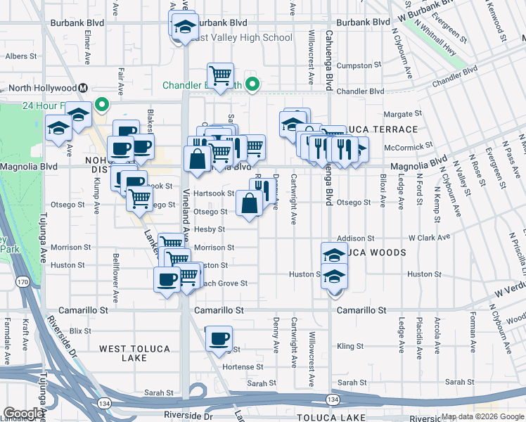 map of restaurants, bars, coffee shops, grocery stores, and more near 5100 Riverton Avenue in Los Angeles