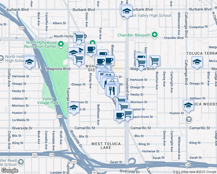 map of restaurants, bars, coffee shops, grocery stores, and more near 5066 Lankershim Boulevard in Los Angeles