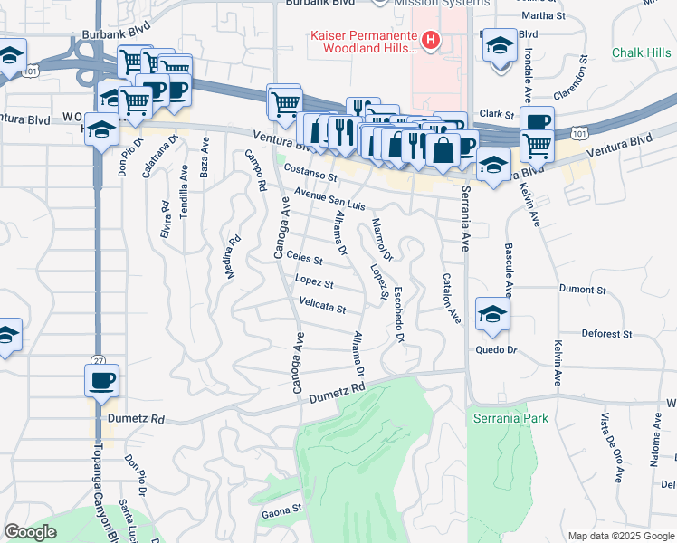 map of restaurants, bars, coffee shops, grocery stores, and more near 21218 Celes Street in Los Angeles