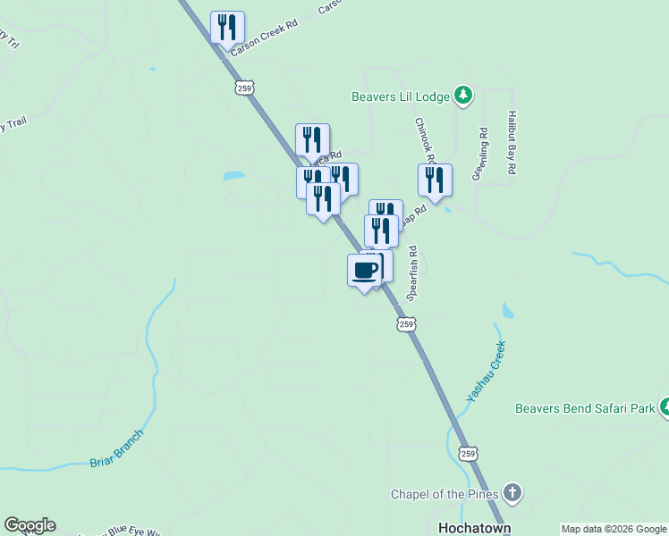 map of restaurants, bars, coffee shops, grocery stores, and more near 9983 N U.S. 259 in Broken Bow