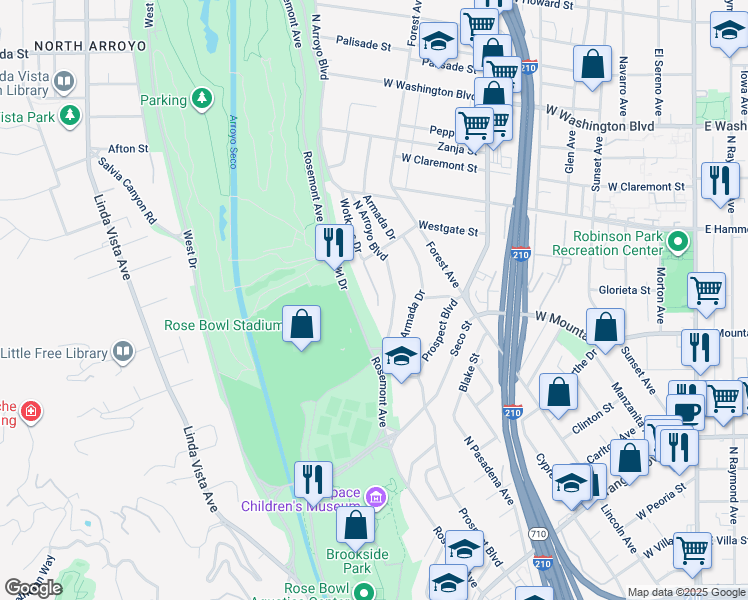 map of restaurants, bars, coffee shops, grocery stores, and more near 3 Richland Place in Pasadena