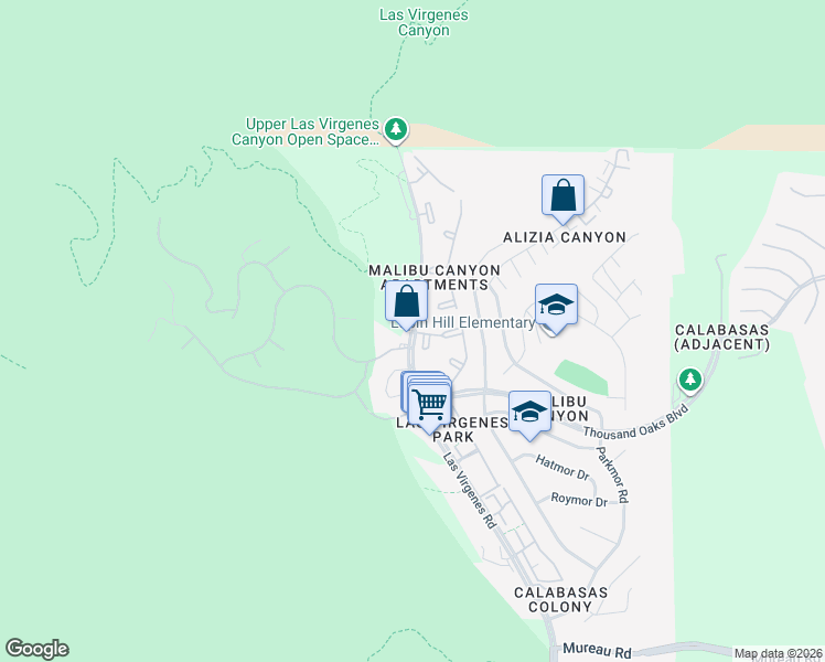 map of restaurants, bars, coffee shops, grocery stores, and more near 5733 Las Virgenes Road in Calabasas