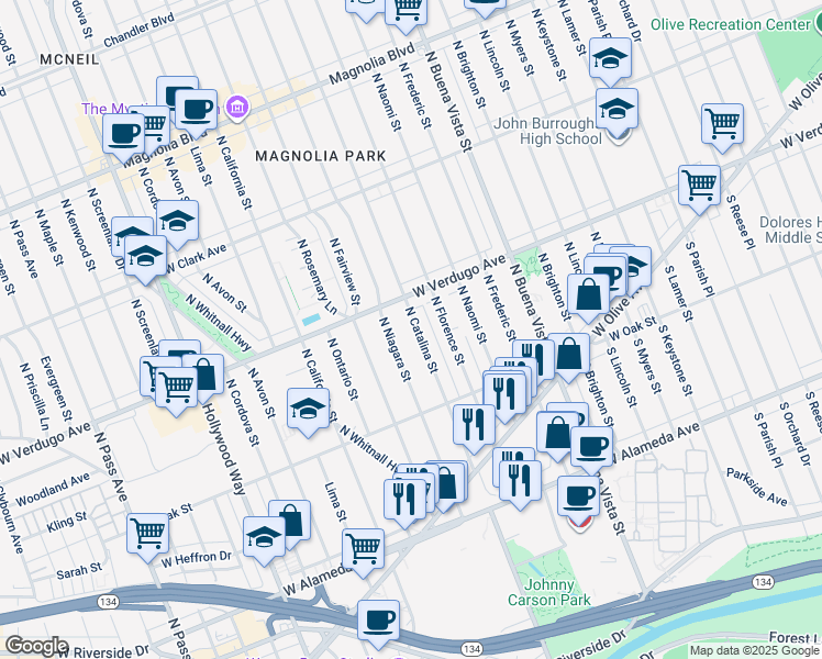 map of restaurants, bars, coffee shops, grocery stores, and more near 421 North Catalina Street in Burbank