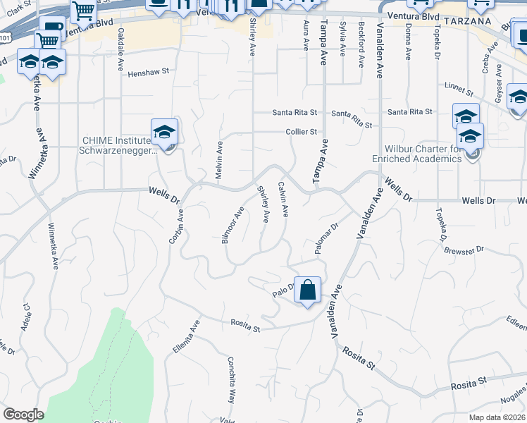 map of restaurants, bars, coffee shops, grocery stores, and more near 5057 Shirley Avenue in Los Angeles