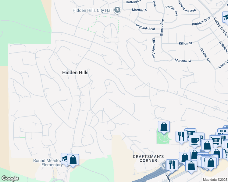 map of restaurants, bars, coffee shops, grocery stores, and more near 5558 Hoback Glen Road in Hidden Hills