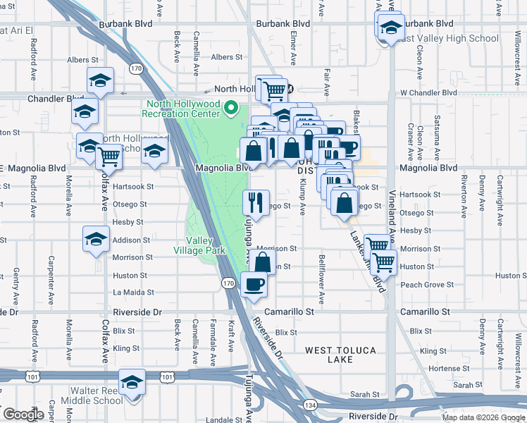 map of restaurants, bars, coffee shops, grocery stores, and more near 5056 Tujunga Avenue in Los Angeles