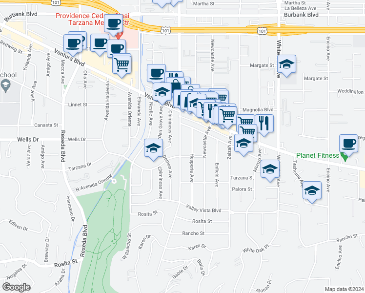 map of restaurants, bars, coffee shops, grocery stores, and more near 5122 Lindley Avenue in Los Angeles