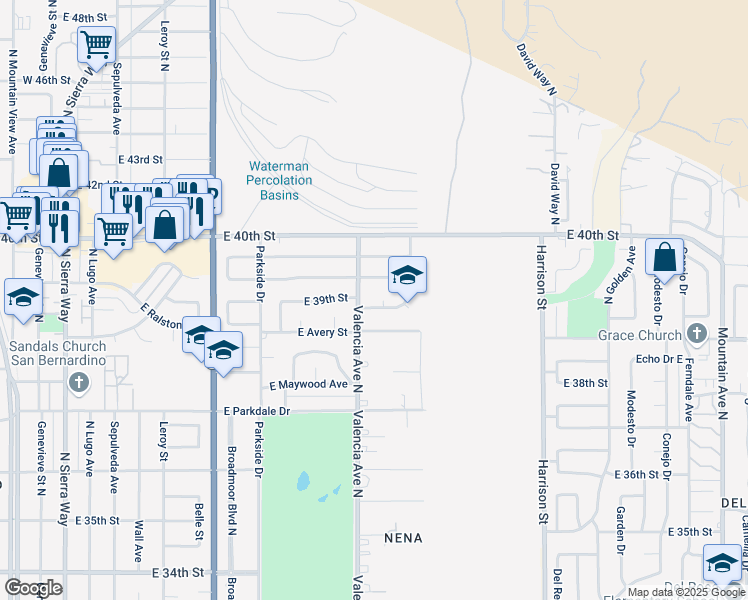 map of restaurants, bars, coffee shops, grocery stores, and more near 3904 San Gabriel Court in San Bernardino