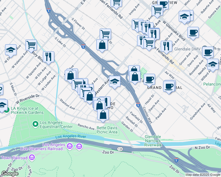 map of restaurants, bars, coffee shops, grocery stores, and more near 427 Winchester Avenue in Glendale
