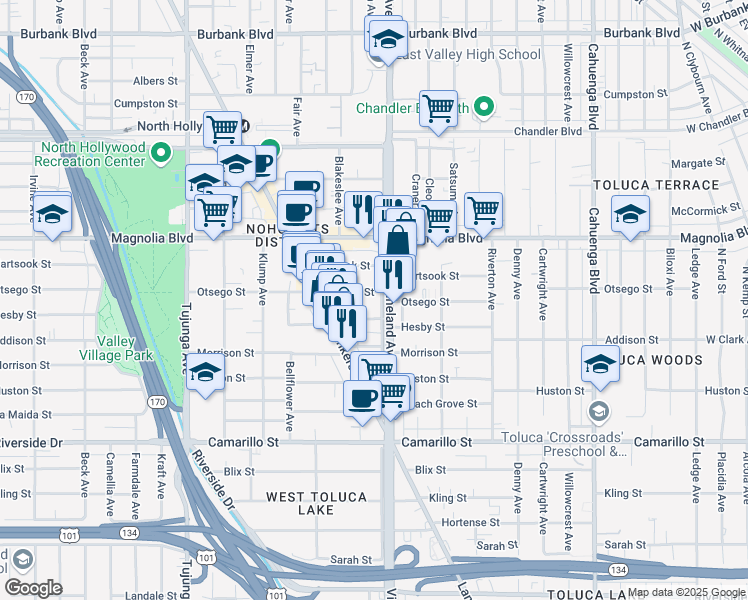 map of restaurants, bars, coffee shops, grocery stores, and more near 11008 Otsego Street in Los Angeles