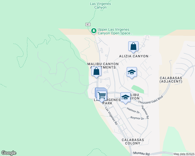 map of restaurants, bars, coffee shops, grocery stores, and more near 5741 Las Virgenes Road in Calabasas