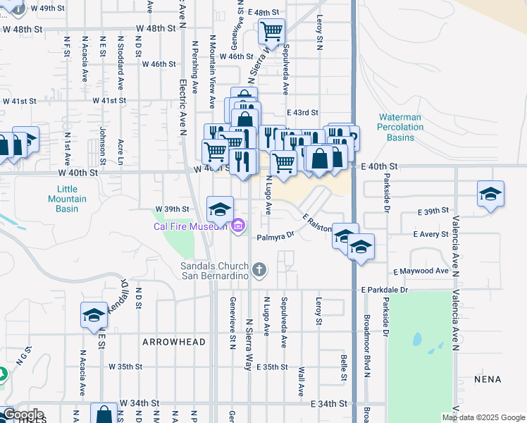 map of restaurants, bars, coffee shops, grocery stores, and more near 138 East 39th Street in San Bernardino