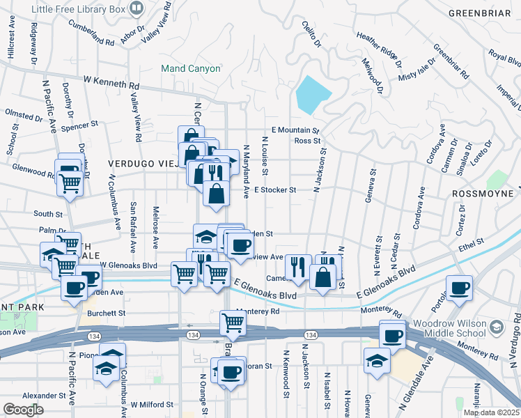 map of restaurants, bars, coffee shops, grocery stores, and more near 1130 North Louise Street in Glendale