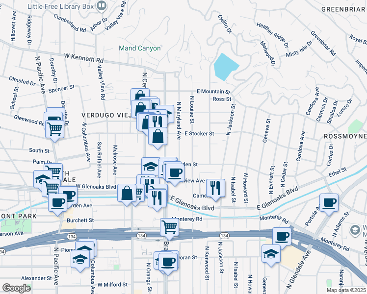 map of restaurants, bars, coffee shops, grocery stores, and more near 1131 North Maryland Avenue in Glendale