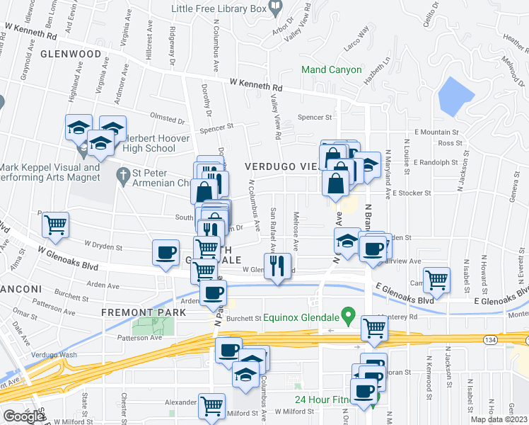 map of restaurants, bars, coffee shops, grocery stores, and more near 1124 North Columbus Avenue in Glendale