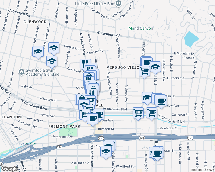 map of restaurants, bars, coffee shops, grocery stores, and more near 421 Palm Drive in Glendale