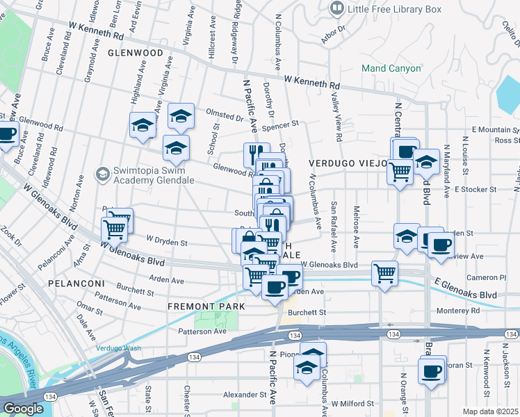 map of restaurants, bars, coffee shops, grocery stores, and more near 529 South Street in Glendale