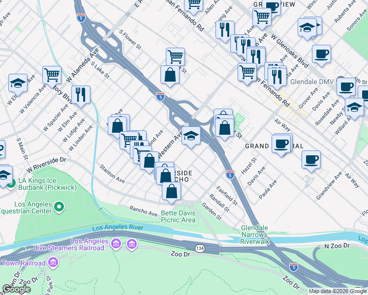 map of restaurants, bars, coffee shops, grocery stores, and more near 427 Winchester Avenue in Glendale