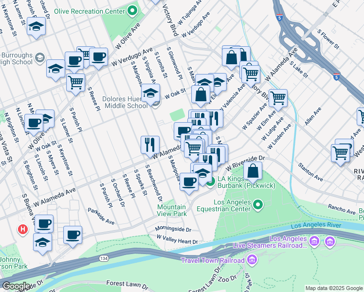 map of restaurants, bars, coffee shops, grocery stores, and more near 1150 West Alameda Avenue in Burbank