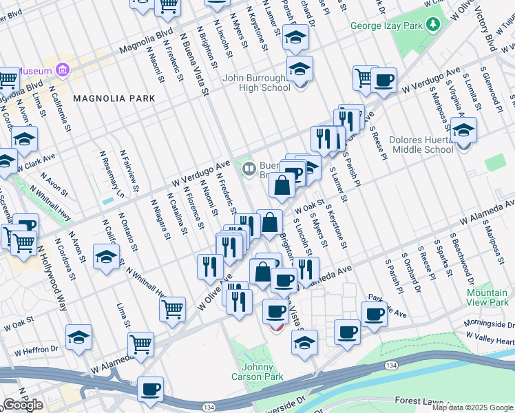 map of restaurants, bars, coffee shops, grocery stores, and more near 227 North Buena Vista Street in Burbank