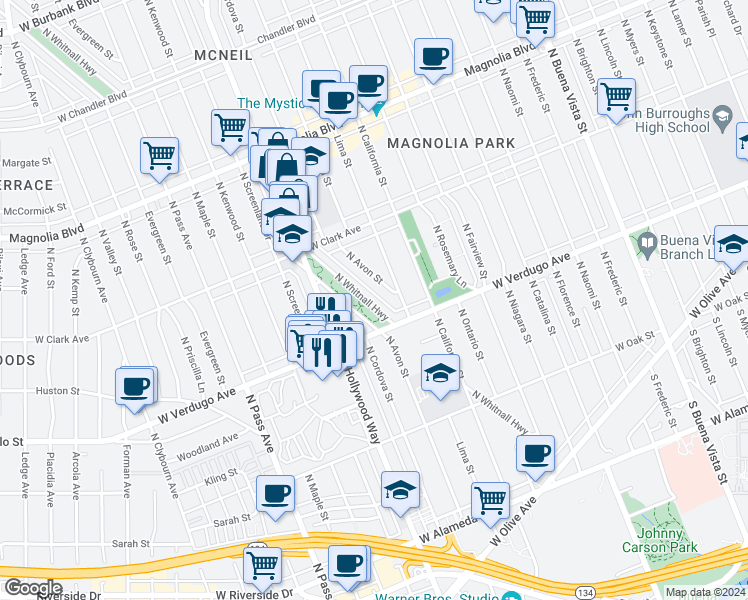 map of restaurants, bars, coffee shops, grocery stores, and more near 638 North Whitnall Highway in Burbank