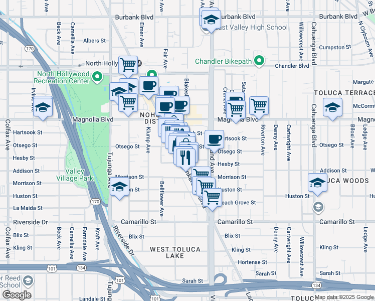 map of restaurants, bars, coffee shops, grocery stores, and more near 11104 Otsego Street in Los Angeles