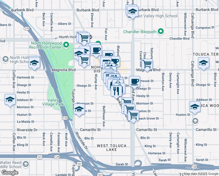 map of restaurants, bars, coffee shops, grocery stores, and more near 5056 Fair Avenue in Los Angeles
