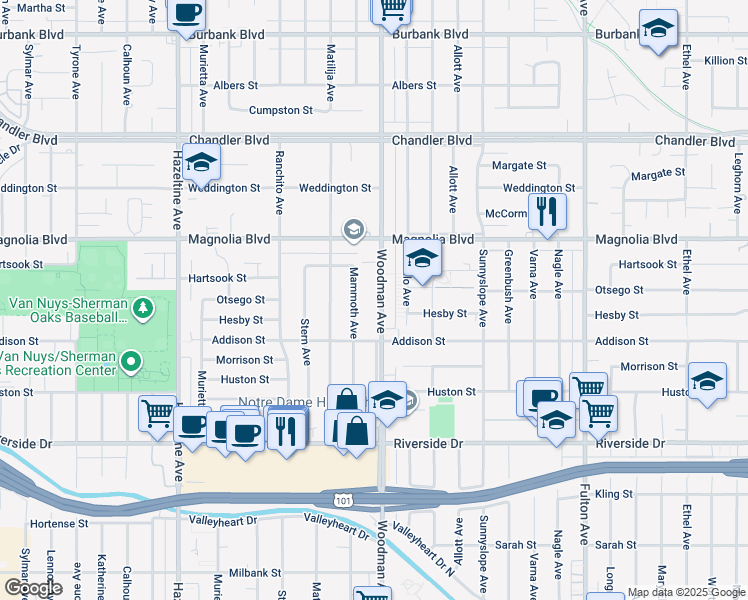 map of restaurants, bars, coffee shops, grocery stores, and more near 5030 Woodman Avenue in Los Angeles