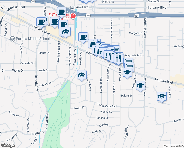 map of restaurants, bars, coffee shops, grocery stores, and more near 5072 Chimineas Avenue in Los Angeles