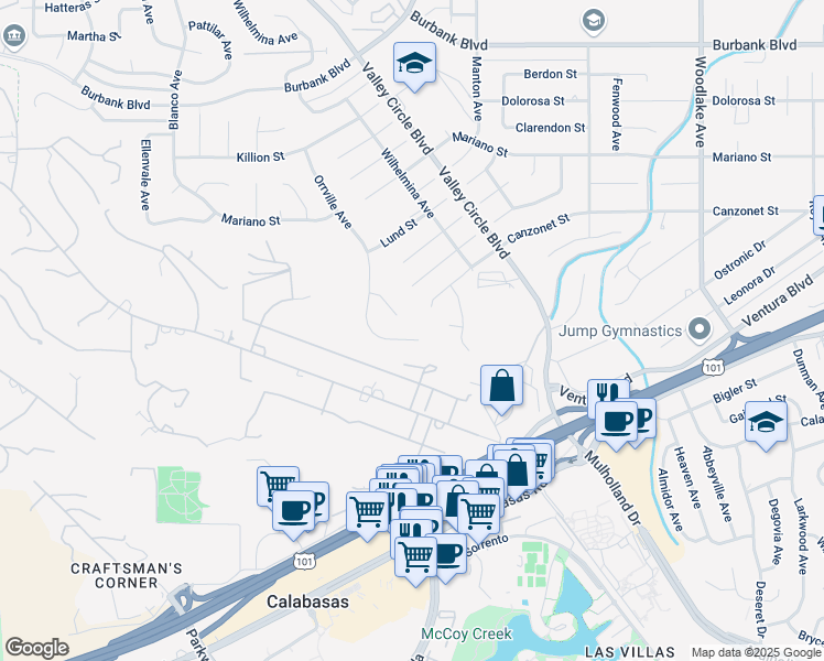 map of restaurants, bars, coffee shops, grocery stores, and more near 5030 Orrville Avenue in Los Angeles