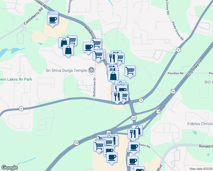 map of restaurants, bars, coffee shops, grocery stores, and more near 6030 Bethelview Road in Cumming