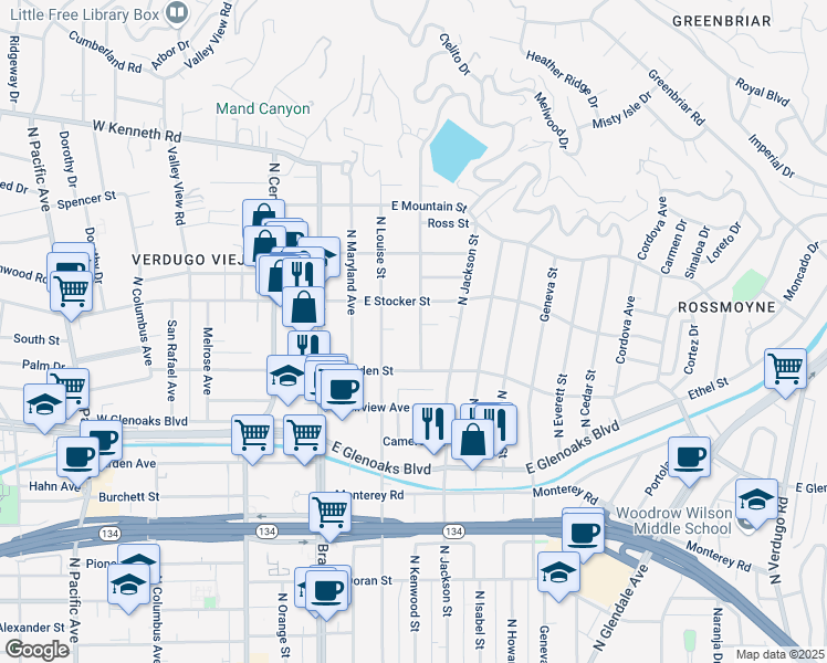 map of restaurants, bars, coffee shops, grocery stores, and more near 1133 Campbell Street in Glendale