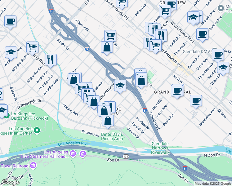 map of restaurants, bars, coffee shops, grocery stores, and more near 1632 Lake Street in Glendale