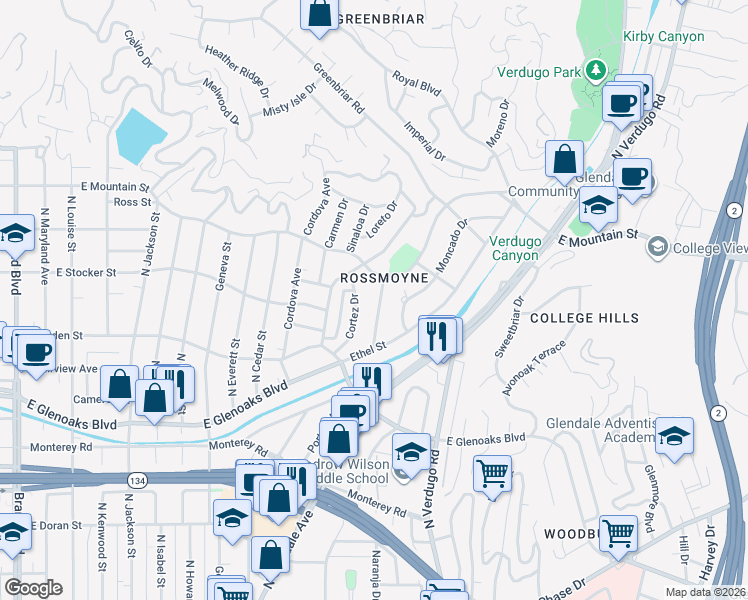 map of restaurants, bars, coffee shops, grocery stores, and more near 1215 Viscano Drive in Glendale