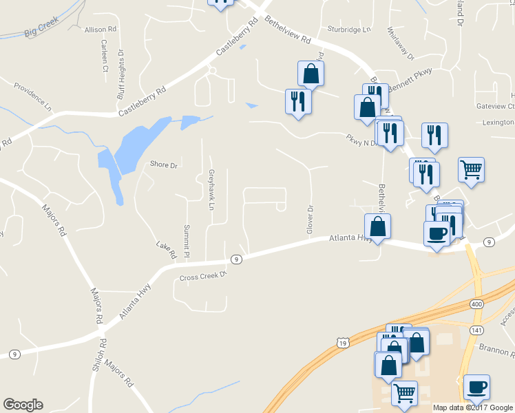 map of restaurants, bars, coffee shops, grocery stores, and more near 3040 Whitfield Avenue in Cumming