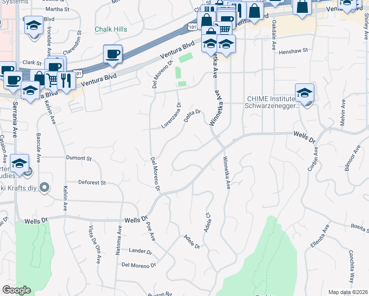 map of restaurants, bars, coffee shops, grocery stores, and more near 20171 Allentown Drive in Los Angeles