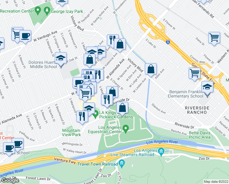 map of restaurants, bars, coffee shops, grocery stores, and more near 425 West Elm Avenue in Burbank