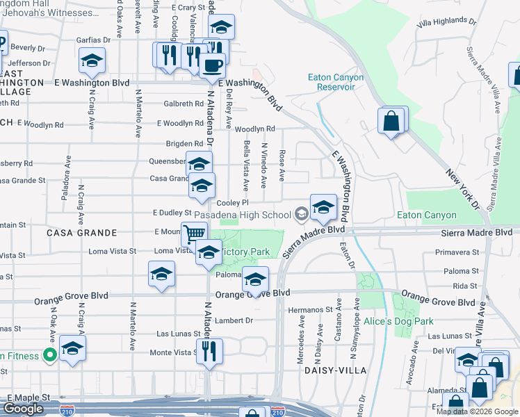 map of restaurants, bars, coffee shops, grocery stores, and more near 2925 East Sierra Madre Boulevard in Pasadena
