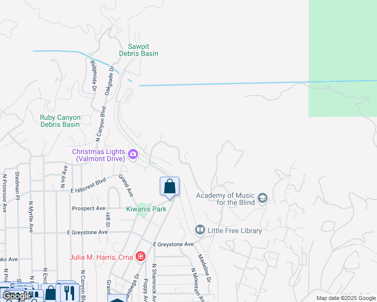 map of restaurants, bars, coffee shops, grocery stores, and more near 633 Norumbega Drive in Monrovia