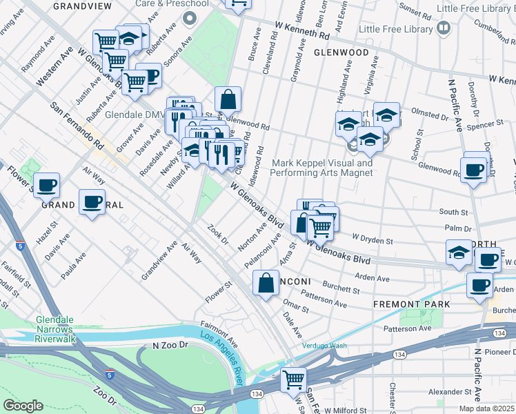 map of restaurants, bars, coffee shops, grocery stores, and more near West Glenoaks Boulevard & Graynold Avenue in Glendale