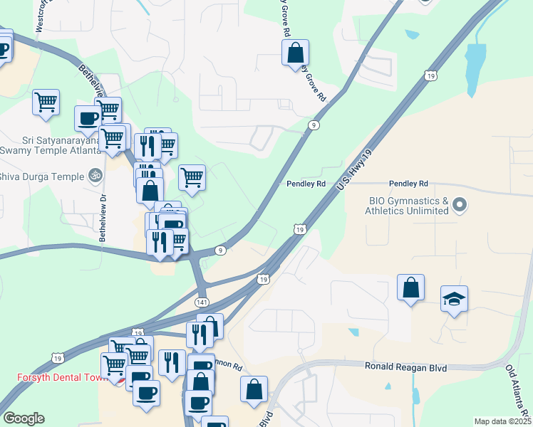 map of restaurants, bars, coffee shops, grocery stores, and more near 2055 Atlanta Highway in Cumming