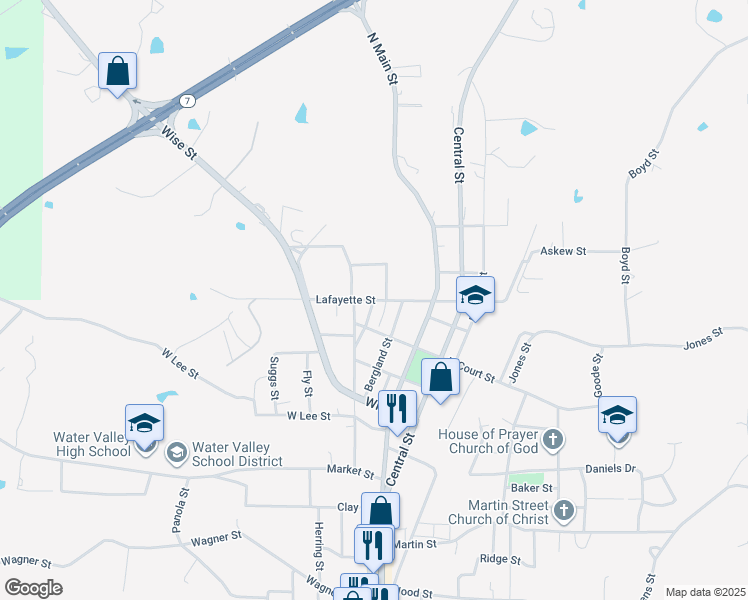 map of restaurants, bars, coffee shops, grocery stores, and more near Lafayette Street in Water Valley