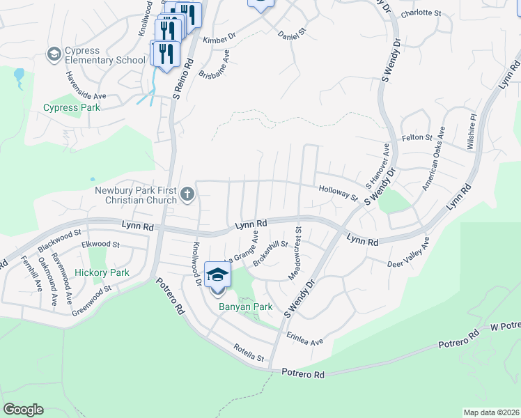 map of restaurants, bars, coffee shops, grocery stores, and more near 872 La Grange Avenue in Thousand Oaks